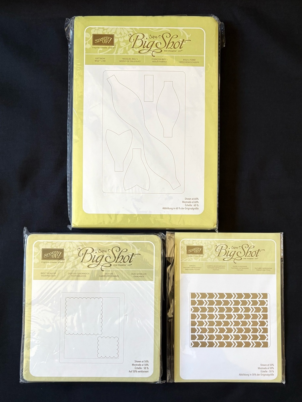 3 Stampin Up Sizzix Big Shot Die Set Gift Bow Scallop Squares Arrows Folder NEW